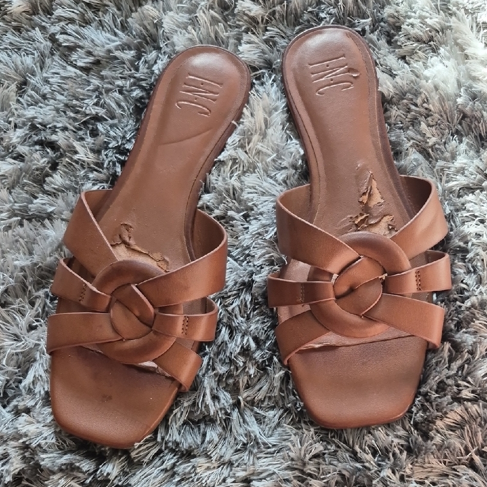 INC International Concepts Brown Knot-Detail Slide Sandals